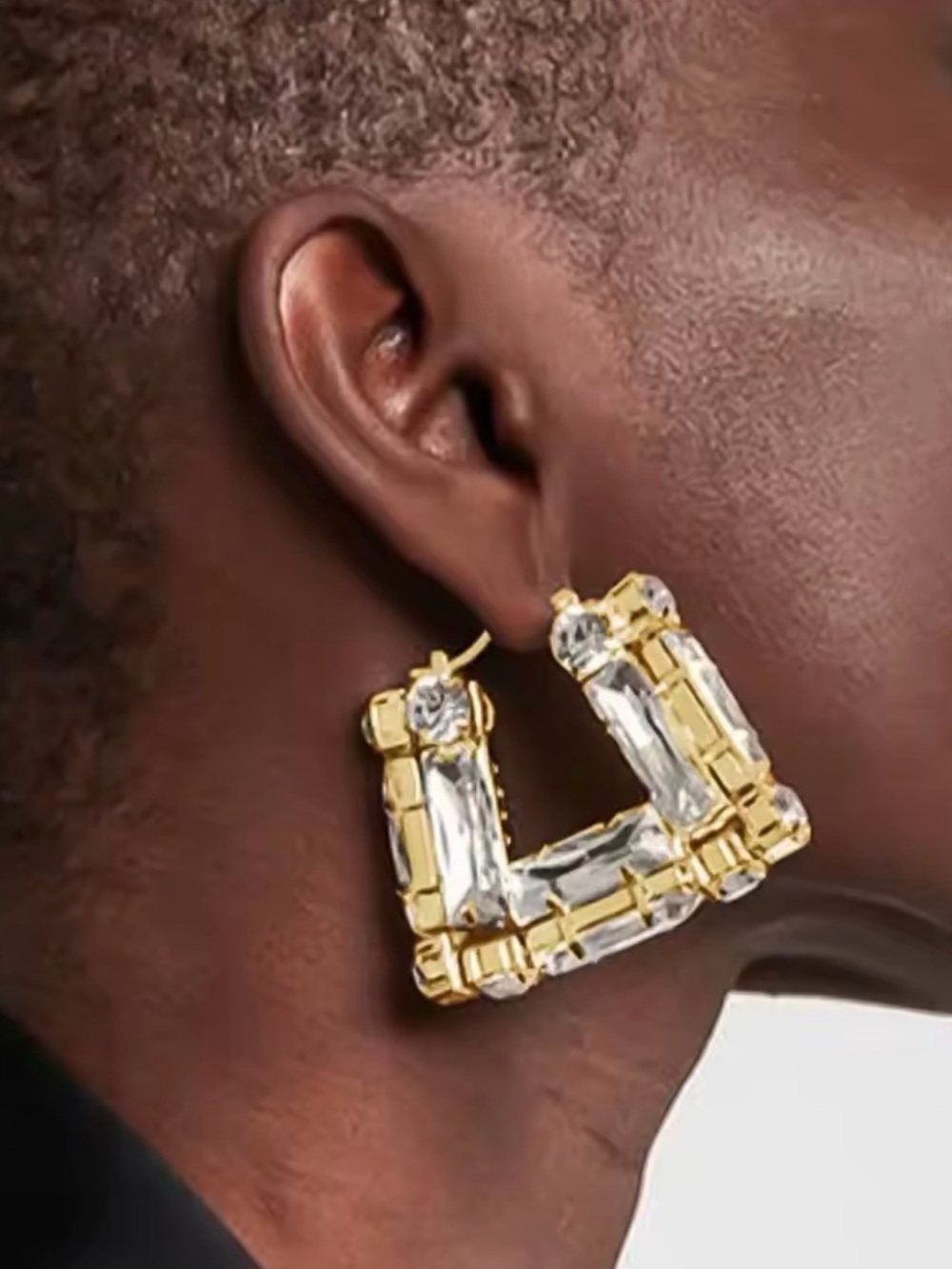 Gold Geometric Crystal Hoop Earrings | Baguette Rhinestone Statement Earrings |